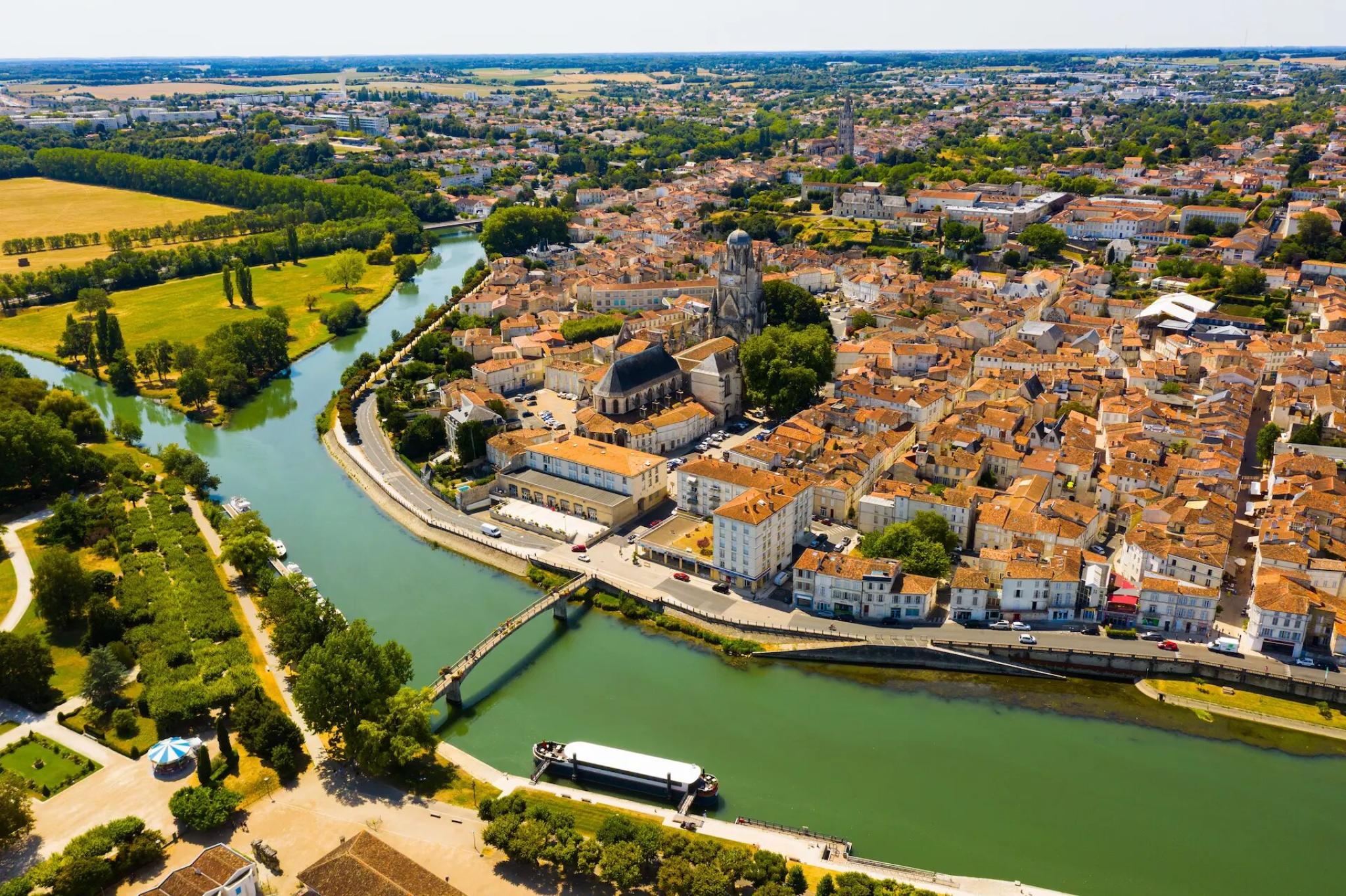 Aerial view of Saintes and the Charente river, Nouvelle-Aquitaine